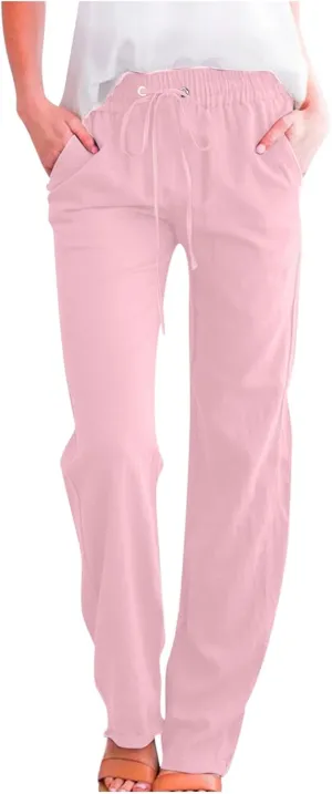 Flowy Pants for Women Elastic Waist Wide Leg Trousers Lightweight Linen Blend Casual Spring and Summer Beachwear