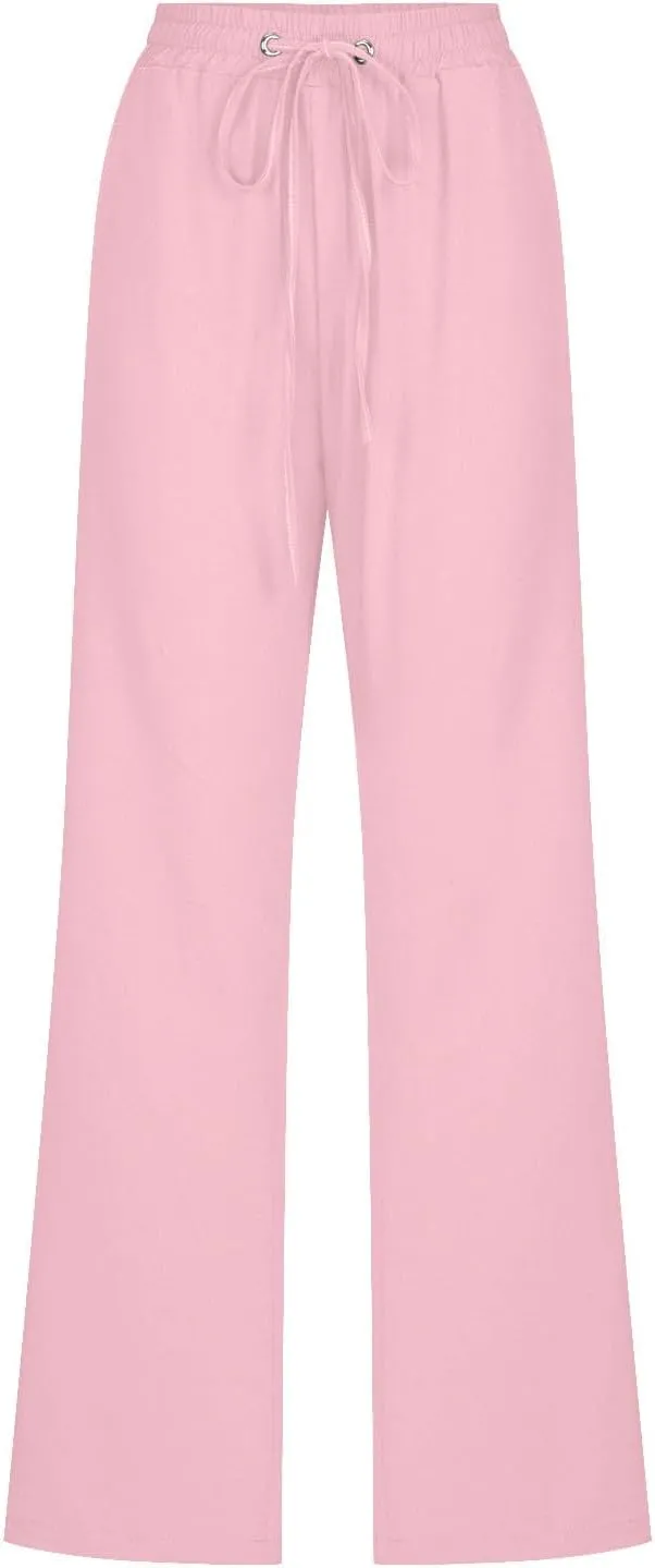 Flowy Pants for Women Elastic Waist Wide Leg Trousers Lightweight Linen Blend Casual Spring and Summer Beachwear
