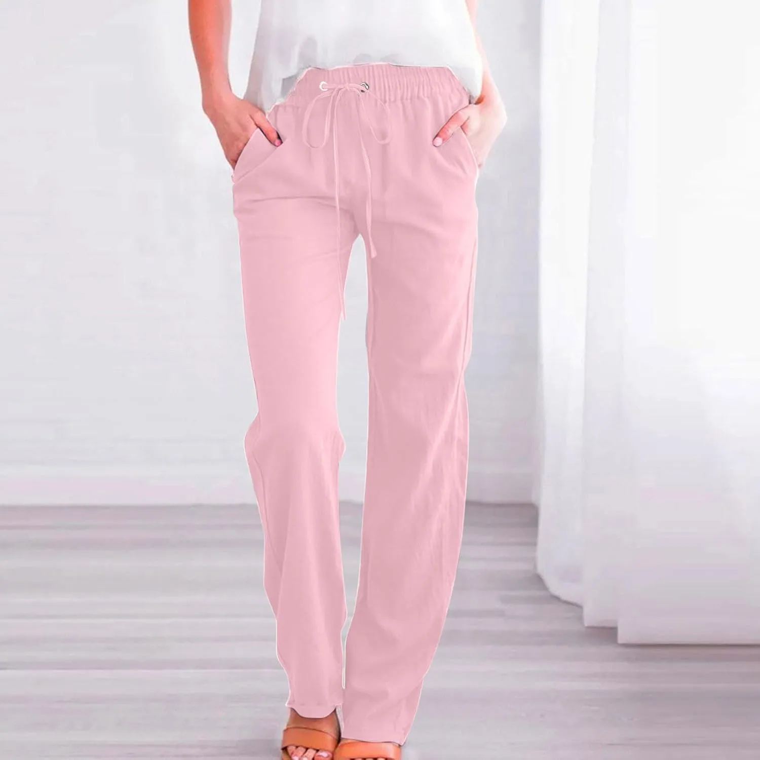 Flowy Pants for Women Elastic Waist Wide Leg Trousers Lightweight Linen Blend Casual Spring and Summer Beachwear