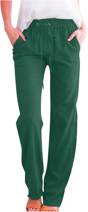 Flowy Pants for Women Elastic Waist Wide Leg Trousers Lightweight Linen Blend Casual Spring and Summer Beachwear