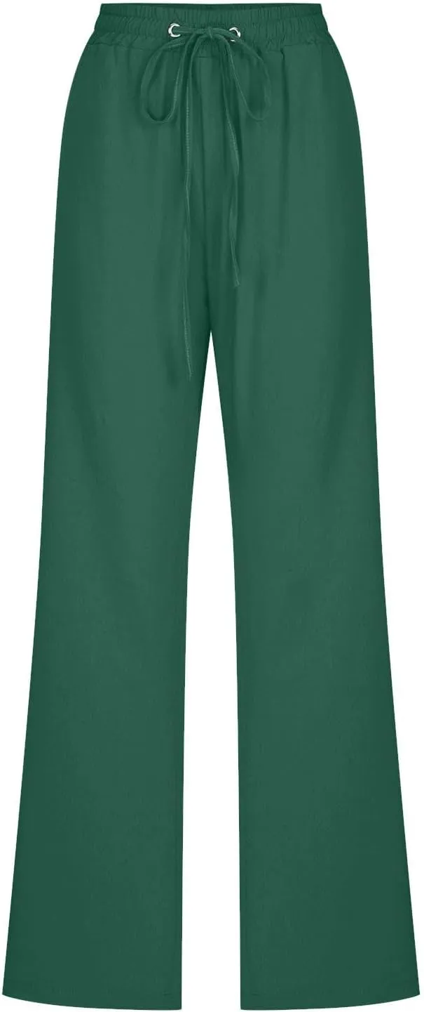 Flowy Pants for Women Elastic Waist Wide Leg Trousers Lightweight Linen Blend Casual Spring and Summer Beachwear