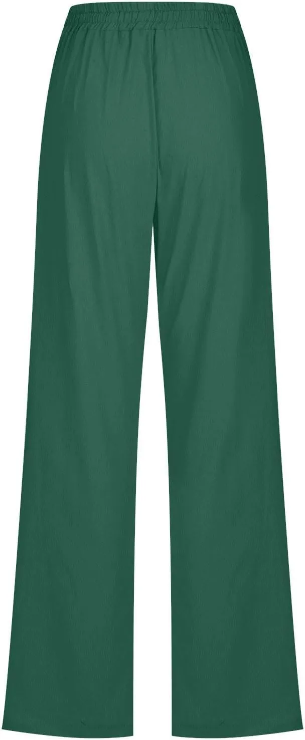 Flowy Pants for Women Elastic Waist Wide Leg Trousers Lightweight Linen Blend Casual Spring and Summer Beachwear