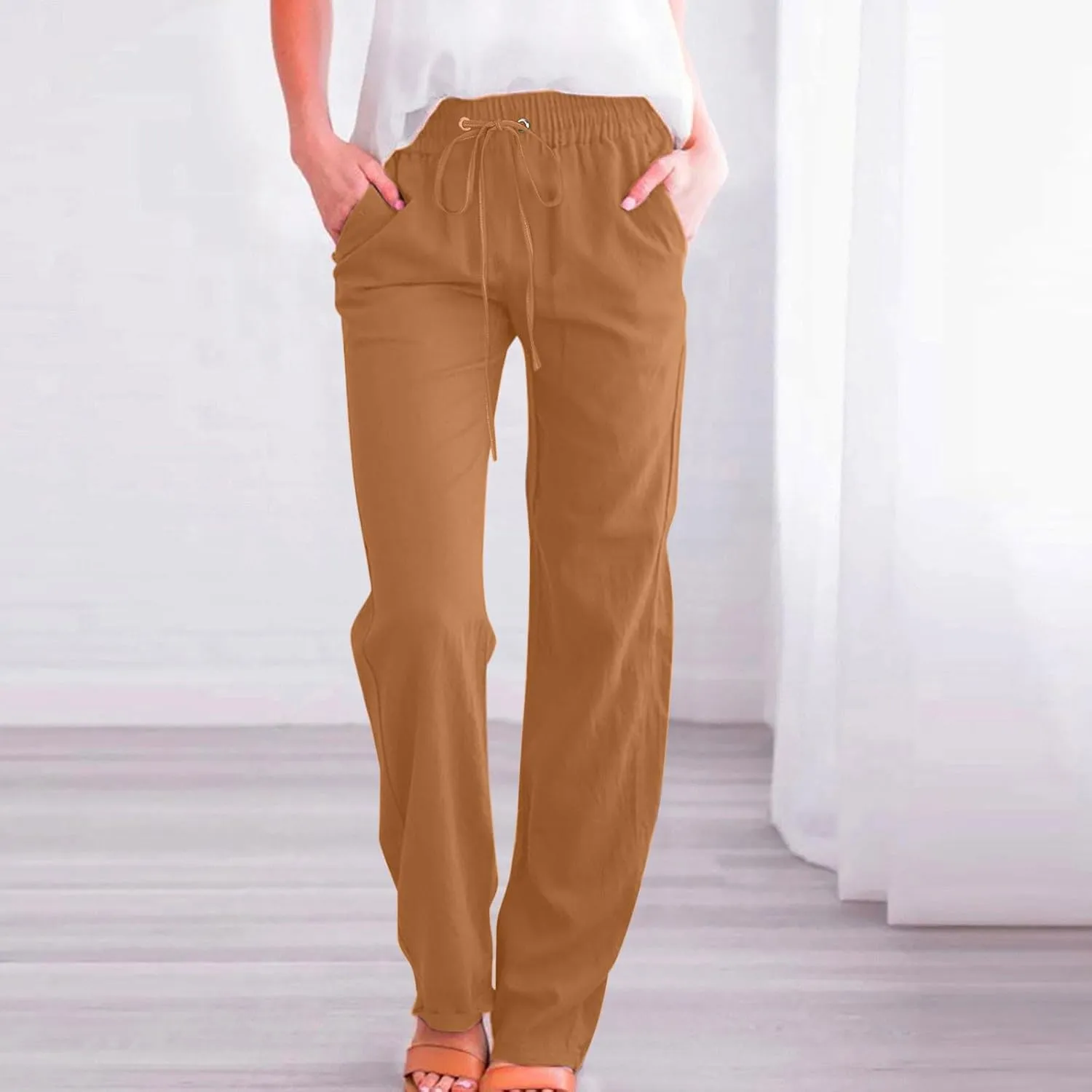 Flowy Pants for Women Elastic Waist Wide Leg Trousers Lightweight Linen Blend Casual Spring and Summer Beachwear