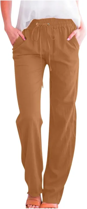 Flowy Pants for Women Elastic Waist Wide Leg Trousers Lightweight Linen Blend Casual Spring and Summer Beachwear