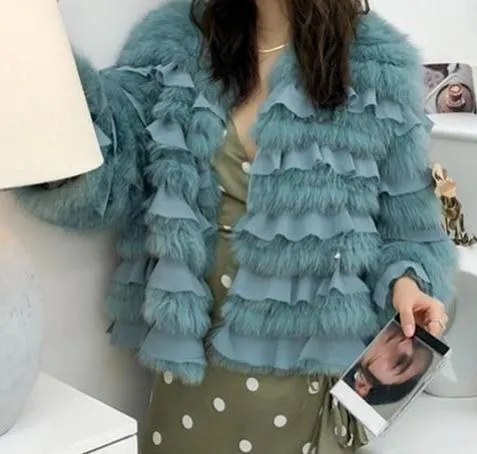 Genuine Fox Fur Coats O-Neck Coat