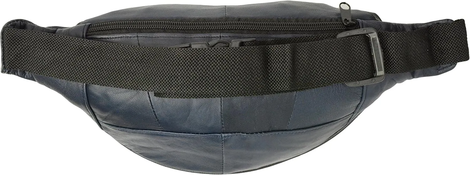 Genuine Leather Fanny Pack Pouch Waist Bag Slim Design (Navy Blue)