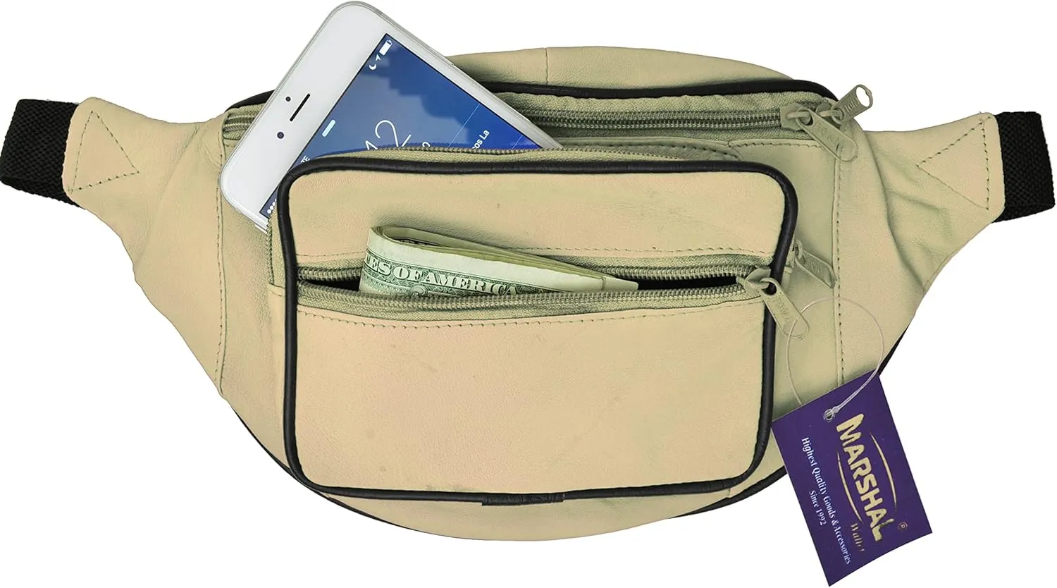 Genuine Leather Waist Fanny Pack Belt Bag Pouch Travel Hip Purse Men Women (Beige)