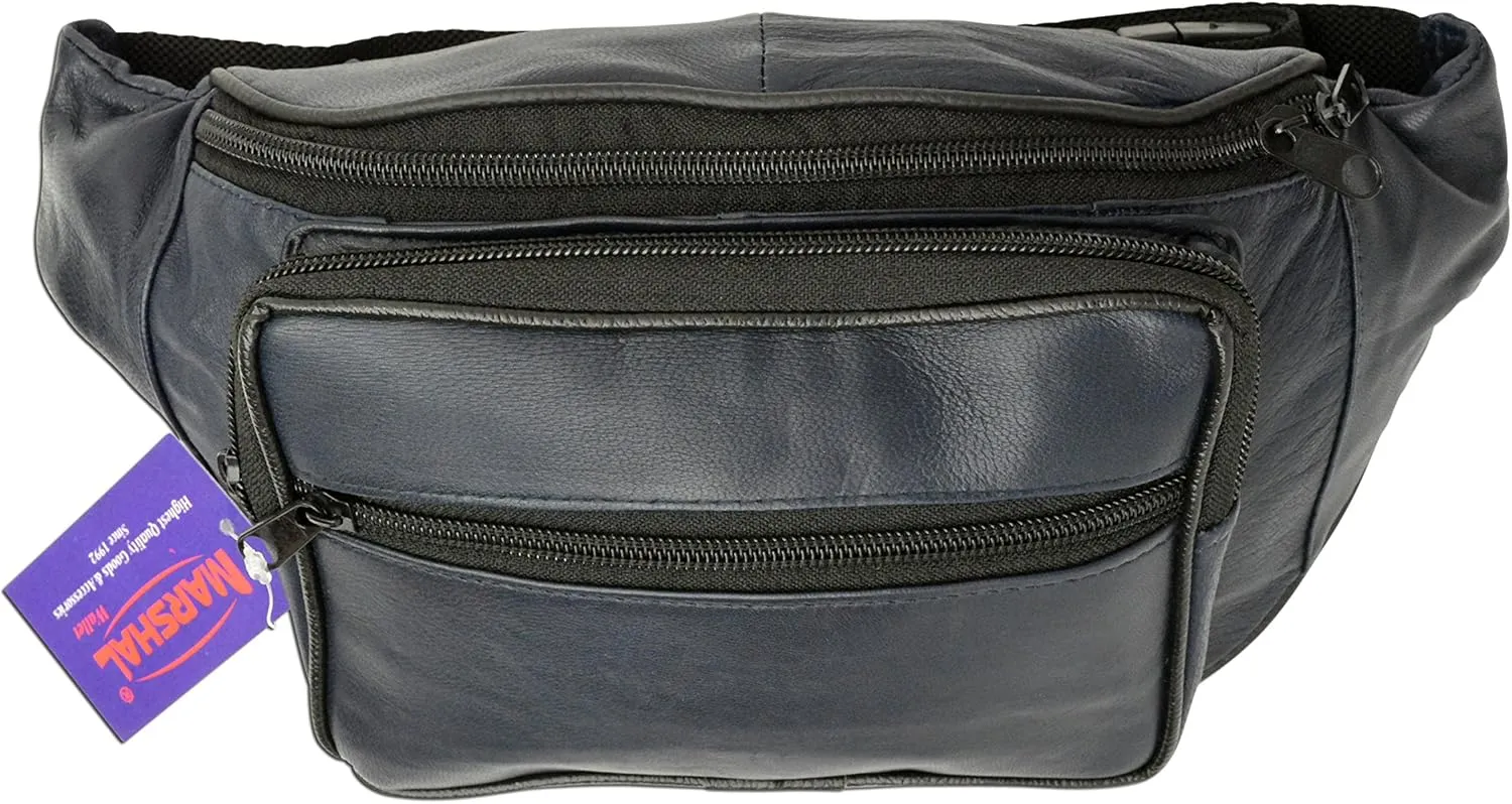 Genuine Leather Waist Fanny Pack Belt Bag Pouch Travel Hip Purse Men Women (Navy Blue)