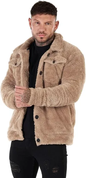 GINGTTO Mens Furry Button-Up Jacket 4 Pockets Fluffy Coat For Men