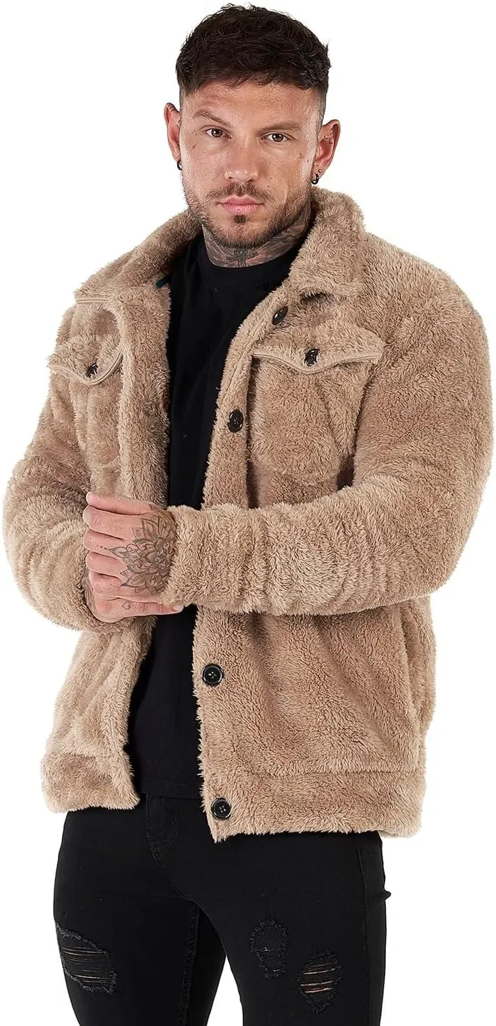 GINGTTO Mens Furry Button-Up Jacket 4 Pockets Fluffy Coat For Men