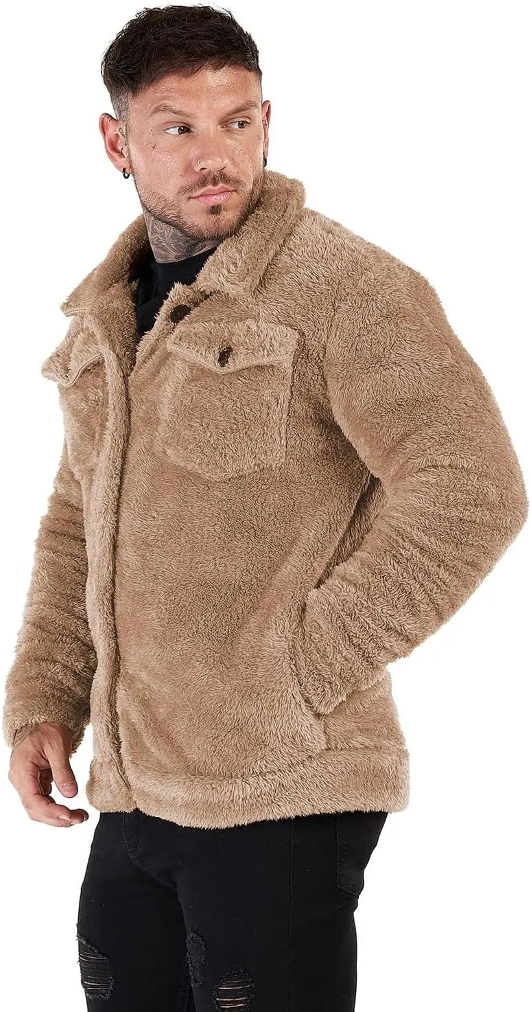 GINGTTO Mens Furry Button-Up Jacket 4 Pockets Fluffy Coat For Men