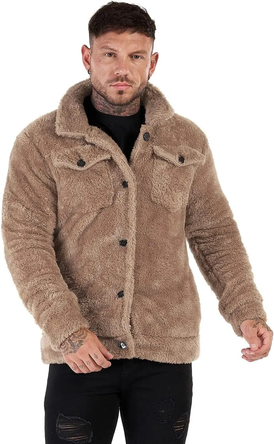 GINGTTO Mens Furry Button-Up Jacket 4 Pockets Fluffy Coat For Men