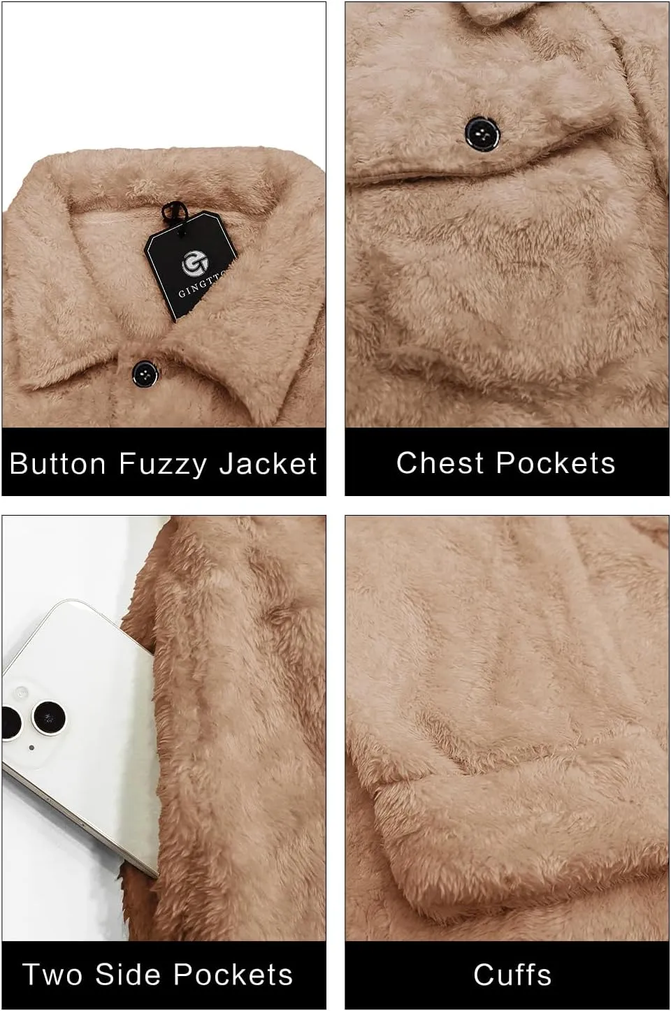 GINGTTO Mens Furry Button-Up Jacket 4 Pockets Fluffy Coat For Men
