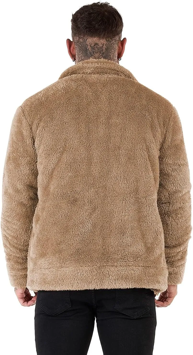 GINGTTO Mens Furry Button-Up Jacket 4 Pockets Fluffy Coat For Men
