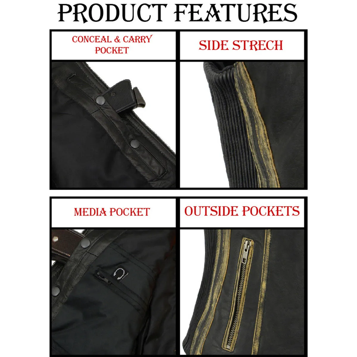Grey MLL4526 Women's Distress Grey Leather Motorcycle Rider Vest- Stretch Side Panel W/ Lacing Detail