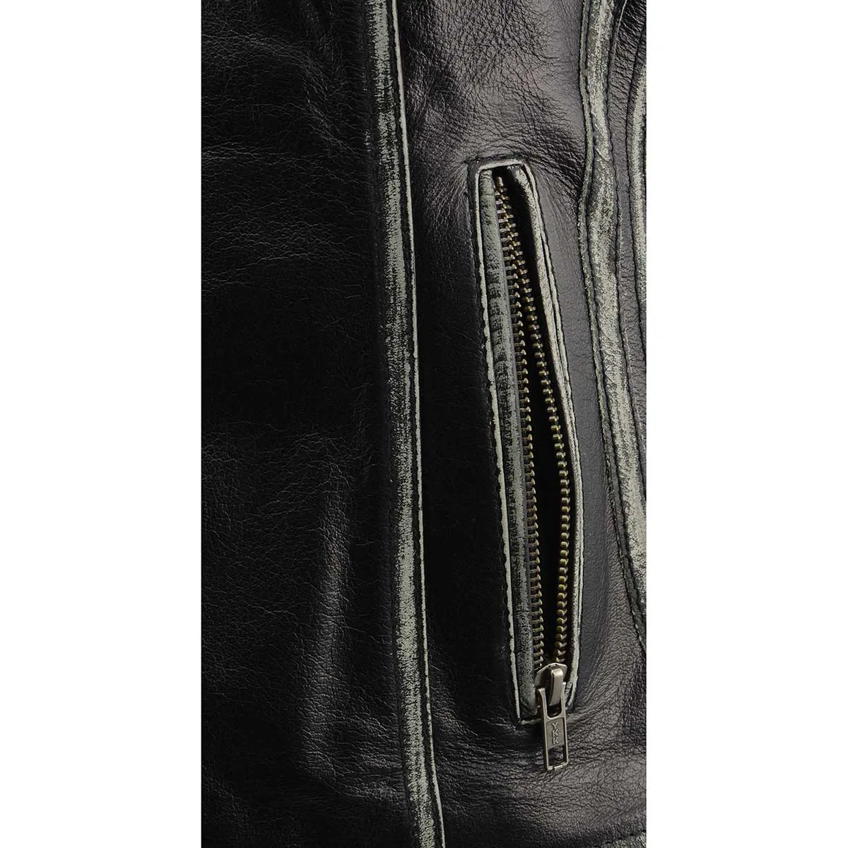 Grey MLL4526 Women's Distress Grey Leather Motorcycle Rider Vest- Stretch Side Panel W/ Lacing Detail