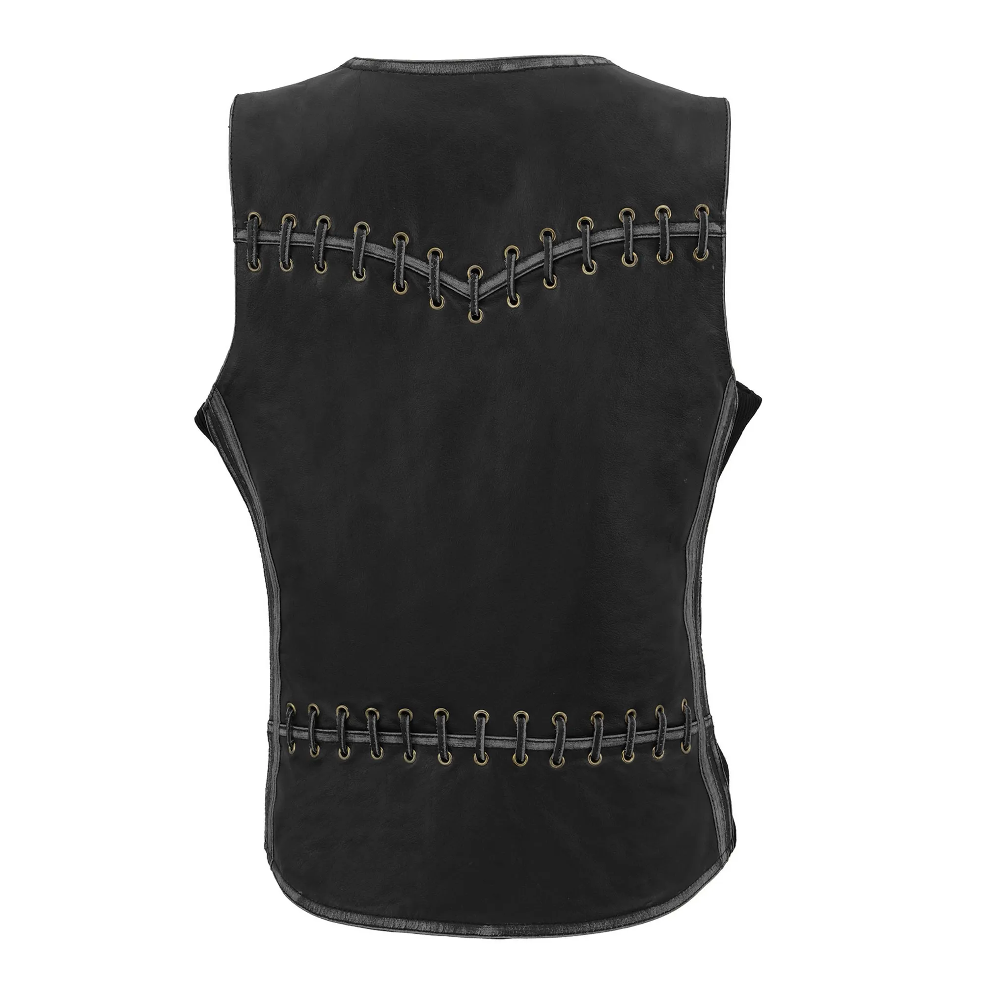 Grey MLL4526 Women's Distress Grey Leather Motorcycle Rider Vest- Stretch Side Panel W/ Lacing Detail