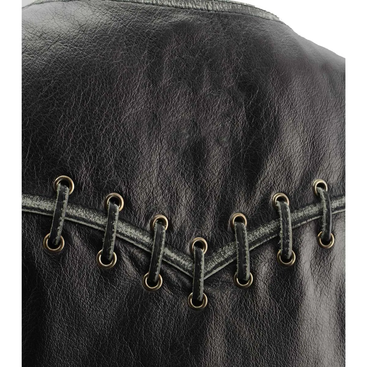 Grey MLL4526 Women's Distress Grey Leather Motorcycle Rider Vest- Stretch Side Panel W/ Lacing Detail