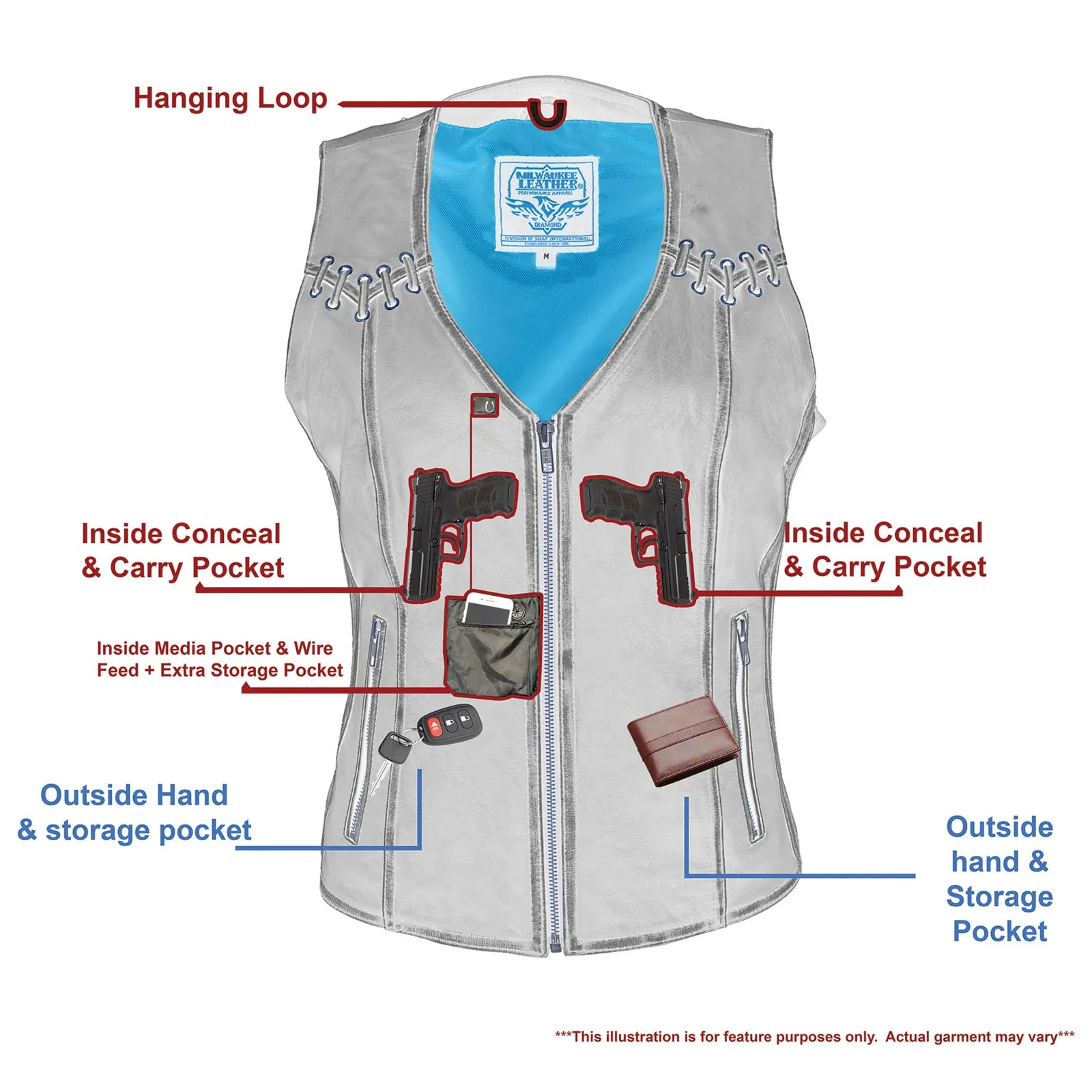 Grey MLL4526 Women's Distress Grey Leather Motorcycle Rider Vest- Stretch Side Panel W/ Lacing Detail