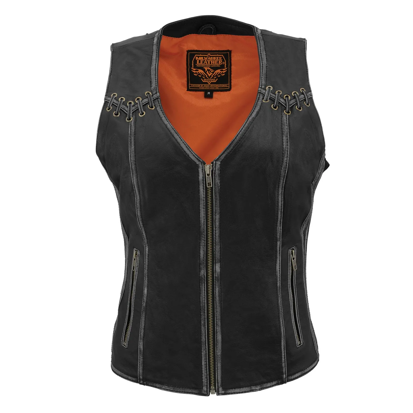 Grey MLL4526 Women's Distress Grey Leather Motorcycle Rider Vest- Stretch Side Panel W/ Lacing Detail