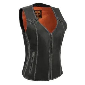 Grey MLL4526 Women's Distress Grey Leather Motorcycle Rider Vest- Stretch Side Panel W/ Lacing Detail