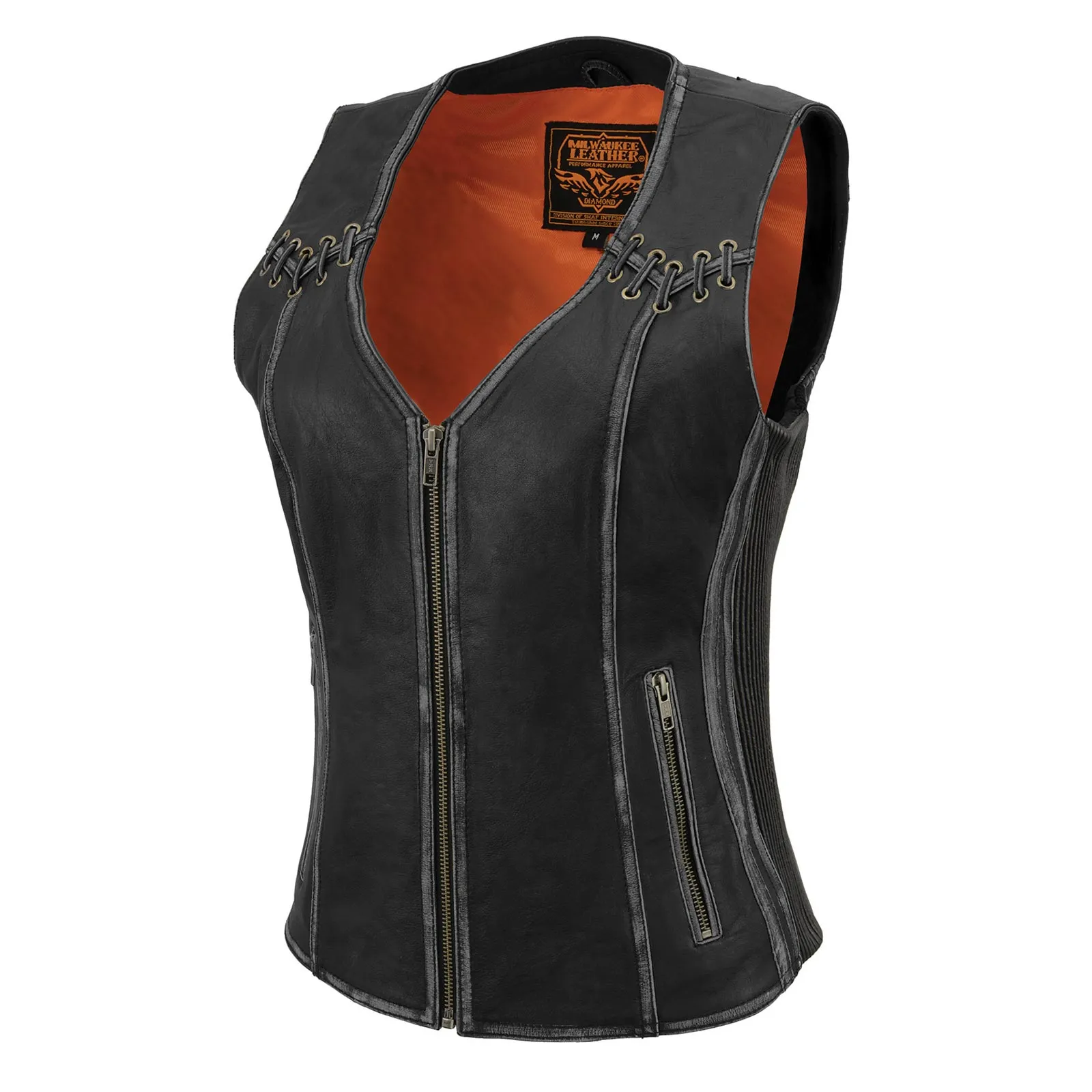 Grey MLL4526 Women's Distress Grey Leather Motorcycle Rider Vest- Stretch Side Panel W/ Lacing Detail