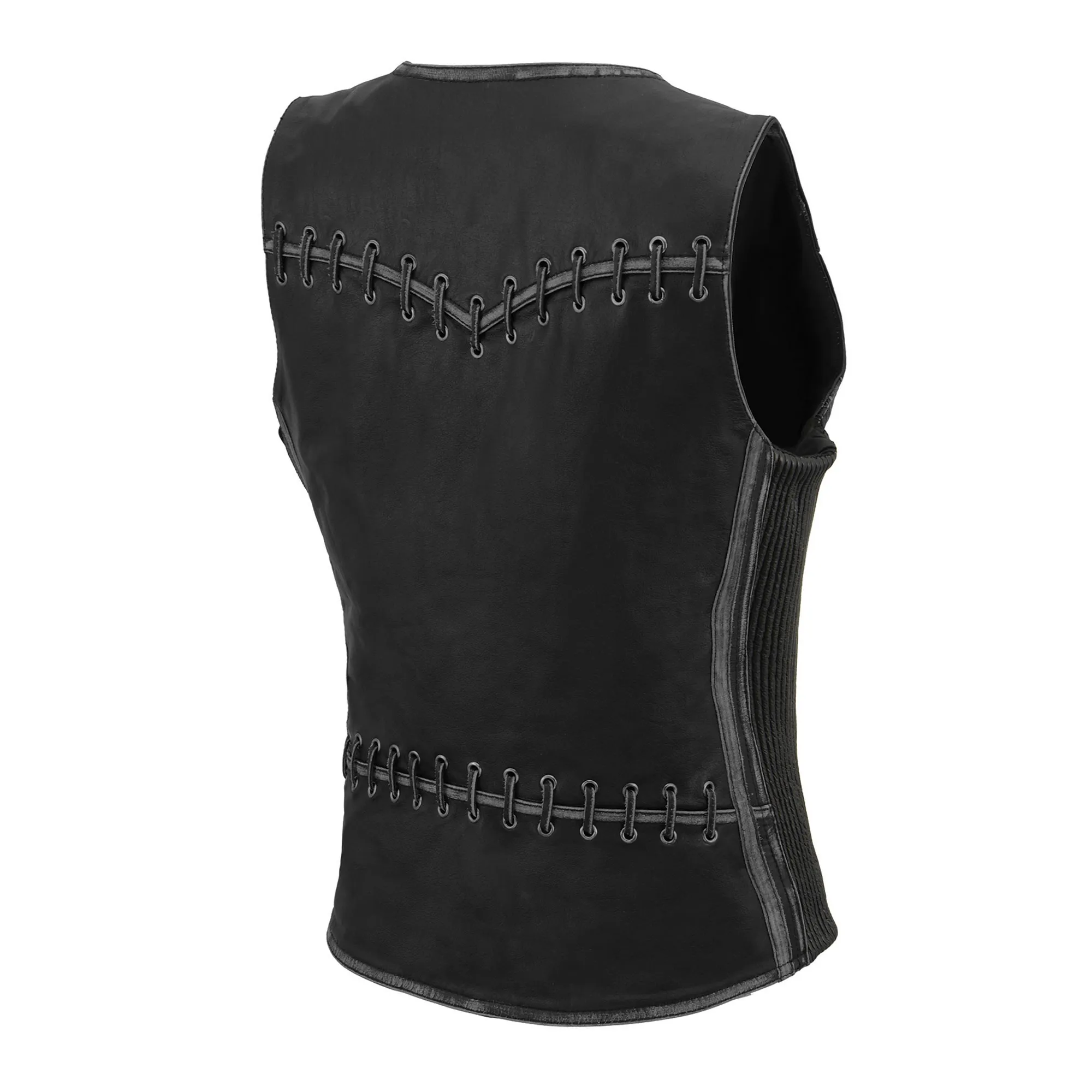 Grey MLL4526 Women's Distress Grey Leather Motorcycle Rider Vest- Stretch Side Panel W/ Lacing Detail