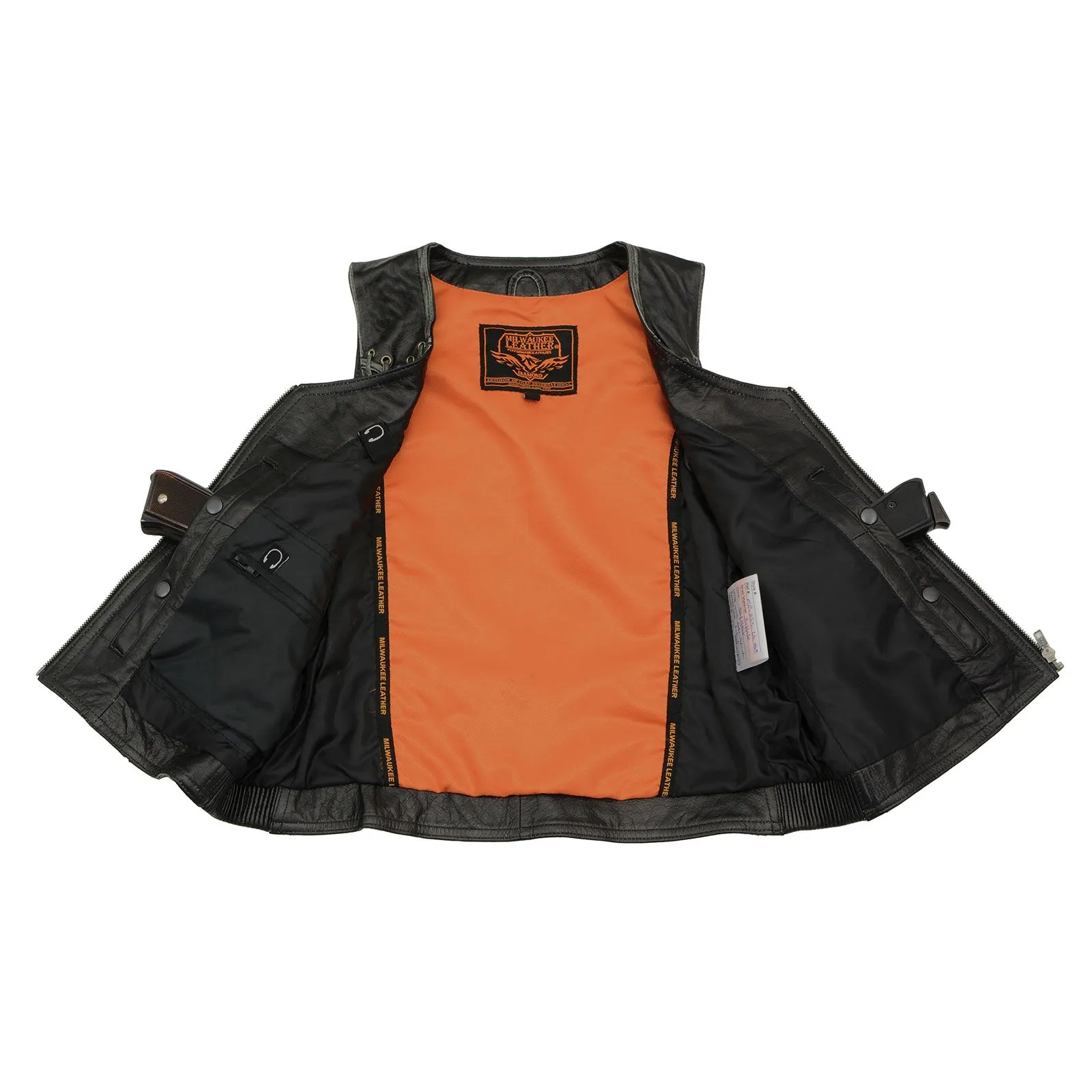 Grey MLL4526 Women's Distress Grey Leather Motorcycle Rider Vest- Stretch Side Panel W/ Lacing Detail
