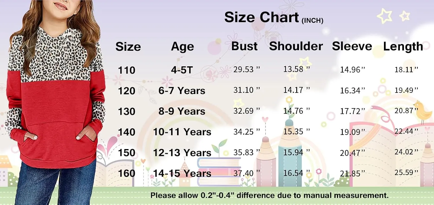 Haloumoning Kids Girls Fleece Pullover Hoodies Cute Leopard Printed Hooded Sweatshirts with Pockets 4-15 Years