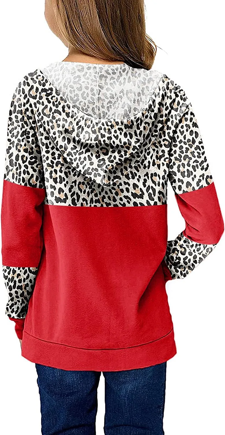 Haloumoning Kids Girls Fleece Pullover Hoodies Cute Leopard Printed Hooded Sweatshirts with Pockets 4-15 Years