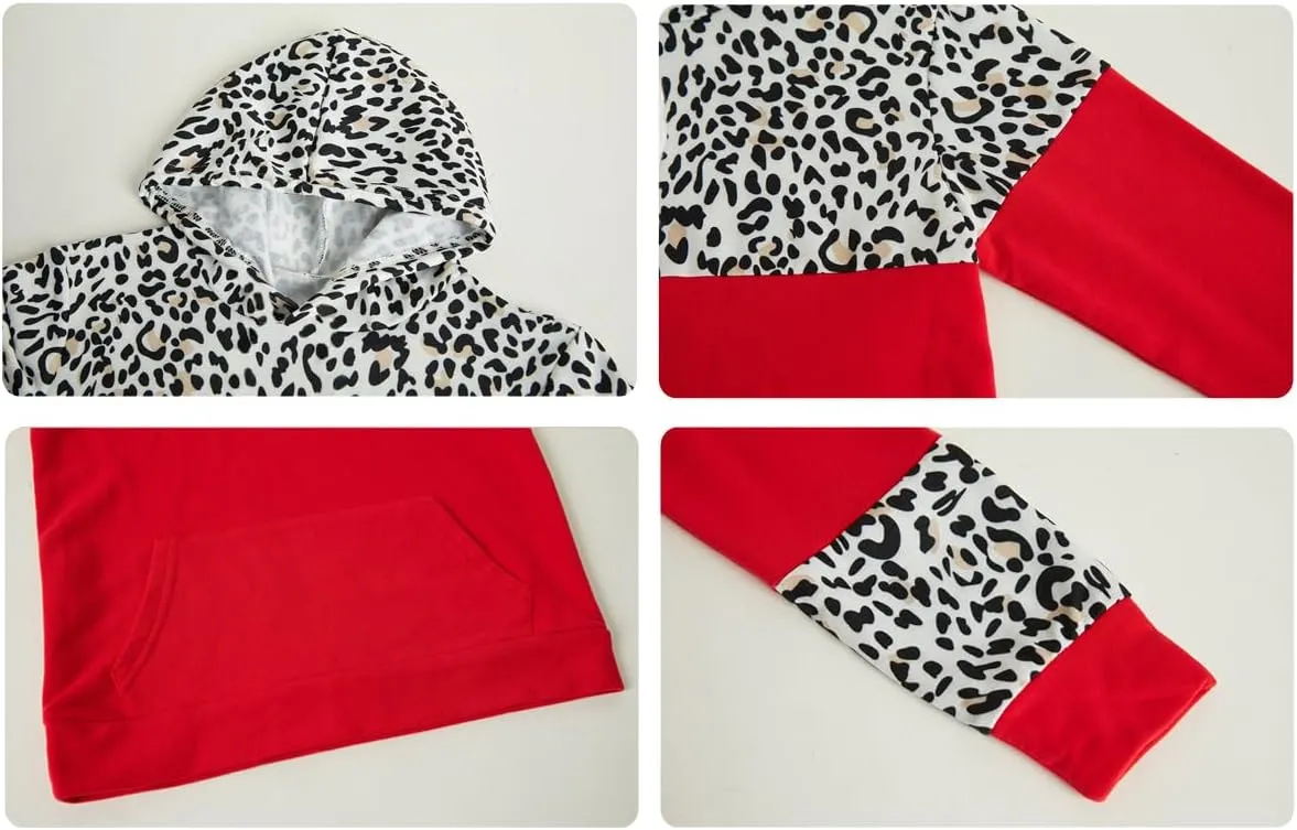 Haloumoning Kids Girls Fleece Pullover Hoodies Cute Leopard Printed Hooded Sweatshirts with Pockets 4-15 Years