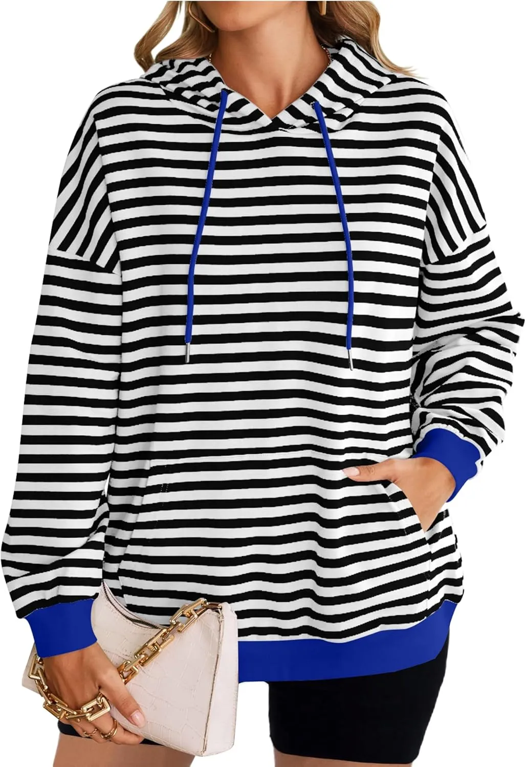 HangNiFang Oversized Striped Sweatshirt for Women Color Block Hoodies Pullover Top Long Sleeve Y2K Clothes