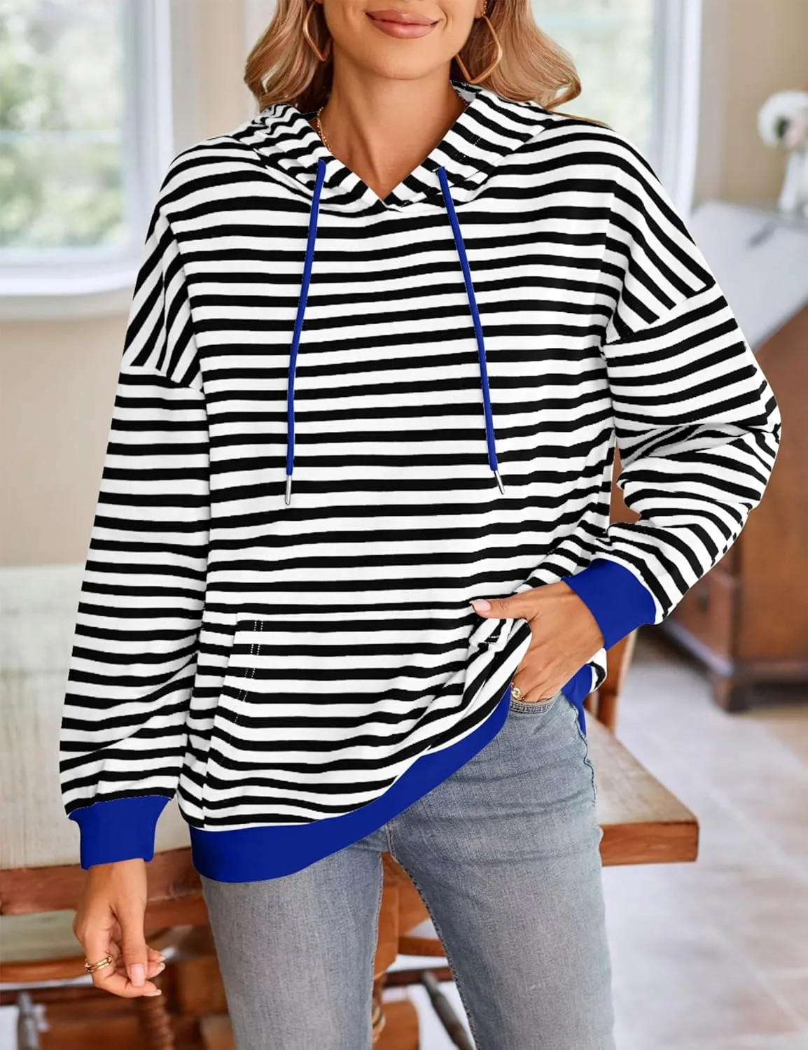 HangNiFang Oversized Striped Sweatshirt for Women Color Block Hoodies Pullover Top Long Sleeve Y2K Clothes