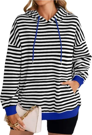 HangNiFang Oversized Striped Sweatshirt for Women Color Block Hoodies Pullover Top Long Sleeve Y2K Clothes