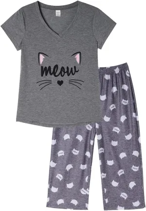 HONG HUI Women's Capri Pajama Sets Plus Size Sleepwear Top with Capri Pants 2 Piece Sleep Set