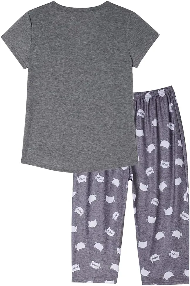 HONG HUI Women's Capri Pajama Sets Plus Size Sleepwear Top with Capri Pants 2 Piece Sleep Set