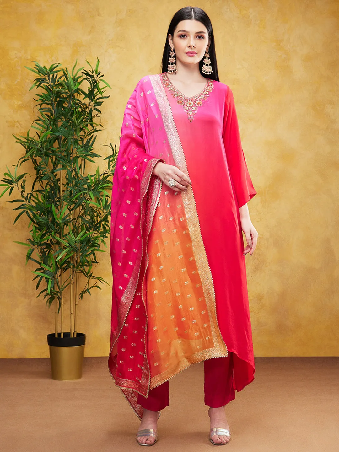 Hot Pink Ombre-Dyed Spanish Silk Pants Set