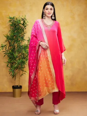 Hot Pink Ombre-Dyed Spanish Silk Pants Set