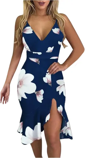 iQKA Women Sexy Cocktail Dress Ruffle Hem Sling Dresses Floral Print V Neck Sleeveless Pencil Dress Vestidos