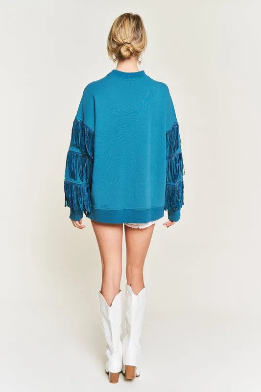 JADE by JANE Silver Studded Fringe Sleeve Sweater Top - JJT5009