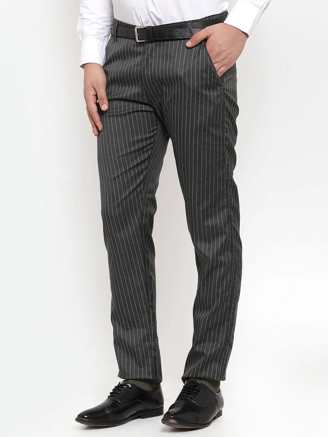 Jashvi Men's Green Cotton Striped Formal Trousers