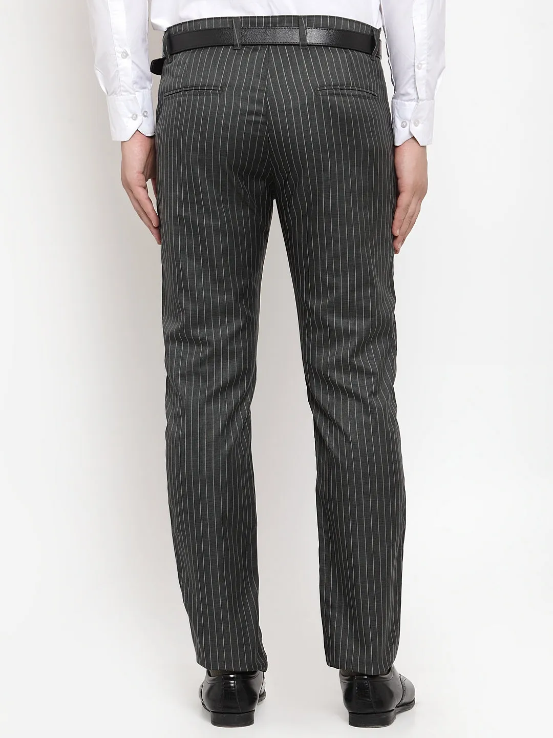 Jashvi Men's Green Cotton Striped Formal Trousers