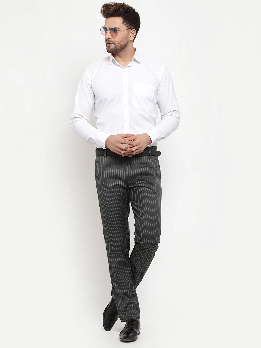 Jashvi Men's Green Cotton Striped Formal Trousers