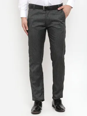 Jashvi Men's Green Cotton Striped Formal Trousers