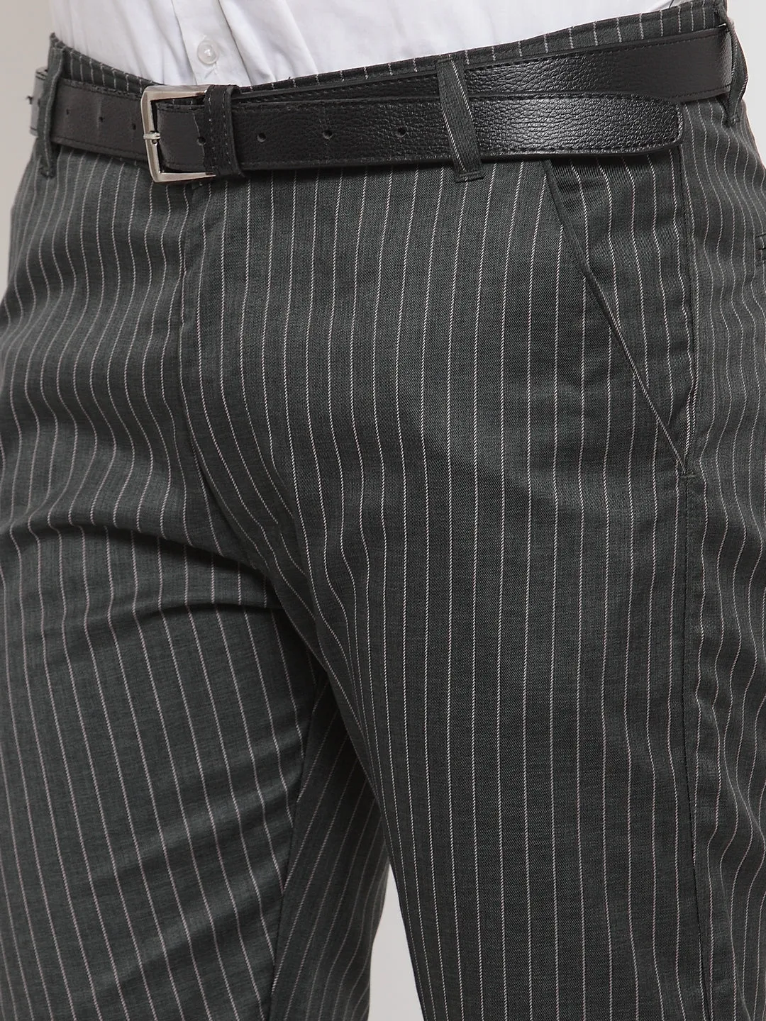 Jashvi Men's Green Cotton Striped Formal Trousers