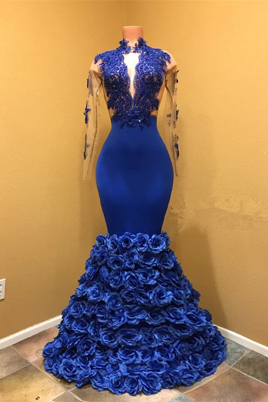 kamahe High Neck Mermaid Prom Dress, Flowers Prom Party Gowns