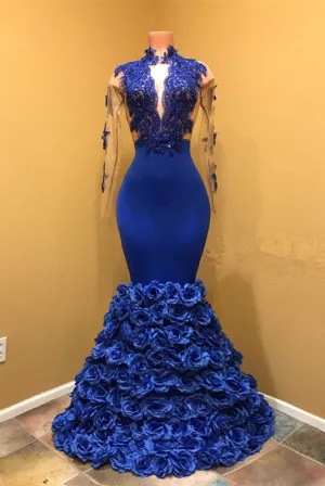 kamahe High Neck Mermaid Prom Dress, Flowers Prom Party Gowns