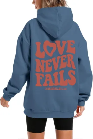 KIEKIECOO Graphic Hoodies With Designs for Teen Girls Aesthetic Cute Oversized Fall Sweatshirts Love Never Fails for Women