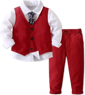 Kimocat Boys' 4-Piece Formal Suit Set Dress Shirt Vest Pants and Tie Wedding Birthday Party Suit