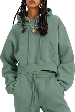 Kissonic Women's Fleece Jogger Sets 2 Pieces Sweatsuits Outfits Crop Top Hoodies Jogger Pants